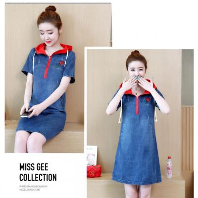ĐẦM JEAN KIỂU PHỐI NÓN ĐỎ THÊU HOA HỒNG - NJ149